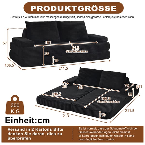SONNENH Sofa, Fløjl / Skum, Sort, 211,5 × 106,5 × 62 cm