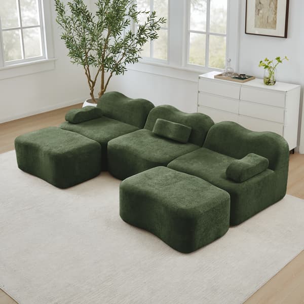 SONNENH 3 Seater U-formad Modular Boneless Sofa med 2 Ottomans, 32D High Density Foam, Wave Shape, Deep Seat, Movable Armrest Cushion