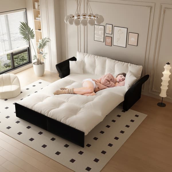 SONNENH 190 cm Queen- Size Pull- Out Sofa, 3- -1 Konvertible Sofa Bed med Tufting og 2 Soft Cushions, Multifunktionel Velour Sofa Bed, Beige / White