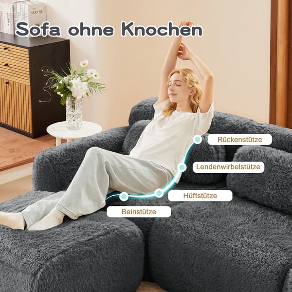 SONNENH Boneless Cloud Sofas, Soft Fluffy Plush Fabric, Modular Sofa Bed med 3 Ottomans, 3 Seater Sofas, Bekväm soffa för vardagsrum, grå