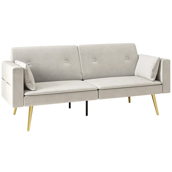 SONNENH Bäddsoffa, bäddsoffa med justerbar ryggstöd, sidoficka, stoppad 2-sits soffa med sovfunktion, kuddar, för vardagsrum, sovrum, beige