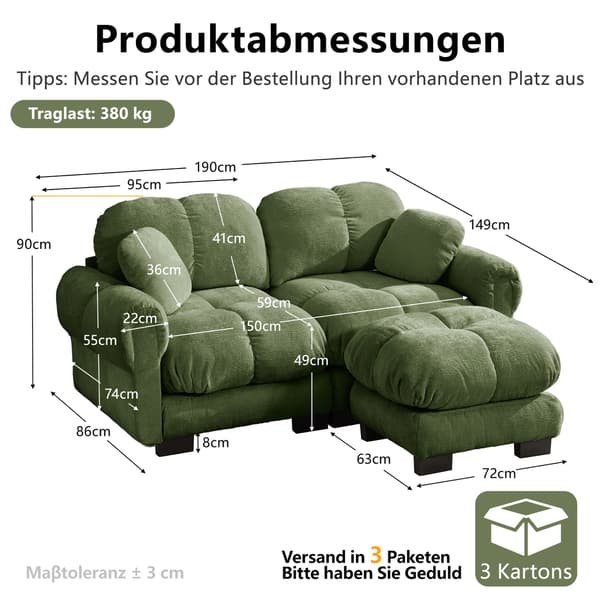 SONNENH 2-Sæder Chenille Sofa, L- formet Modular Corner Sofa, Fine Quiltet Design, Elegant Style, Tyk Sæde Cushions, Soft & Supportive