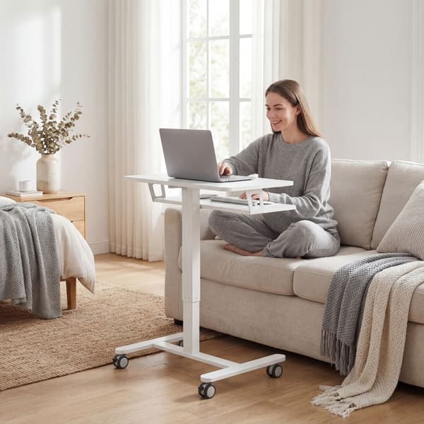 SONNENH Højdejusterbart stå-sid bord, rulbart stå-sid bord med tastaturbakke, hjul og stålstel, hvid