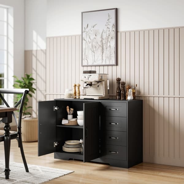 SONNENH Skænk, kommode, moderne stil, 4 skuffer, 1 skab, 105 × 40 × 76 cm, sort