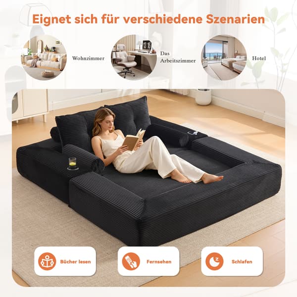SONNENH Sofa, Fløjl, Sort, 180 × 98 × 80 cm