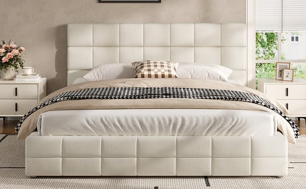 SONNENH 180x200 Upholstered Platform Bed, Beige