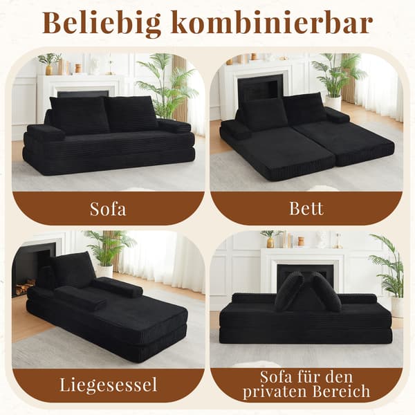 SONNENH Sofa, Fløjl / Skum, Sort, 211,5 × 106,5 × 62 cm