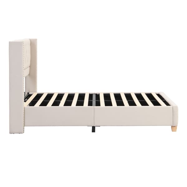Stoppad sängram, beige, med sänggavel