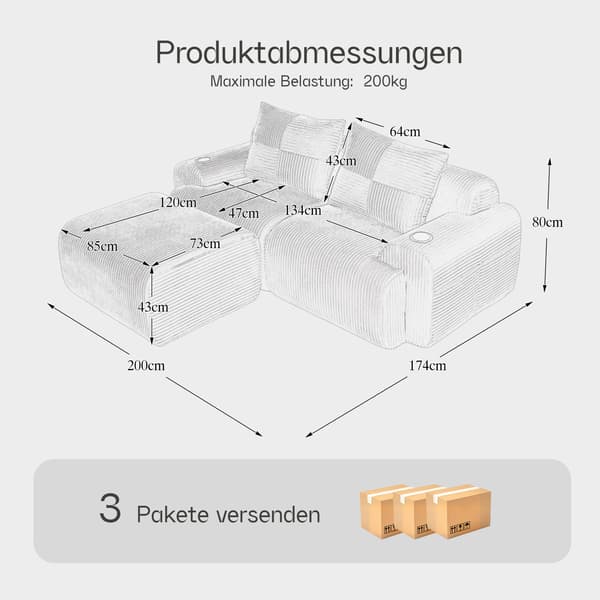 SONNENH Sofa, Fløjl, Lysegrå, 200 × 174 × 80 cm