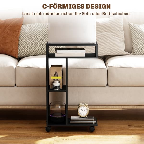 SONNENH Sidebord, C-formet serveringstrolley, 4 hjul, 3 rum, 40 x 30 x 69 cm, sort