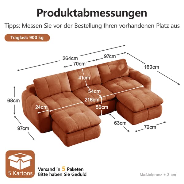 SONNENH U-formet sofa, Chenille, Orange, 264 × 160 × 68 cm