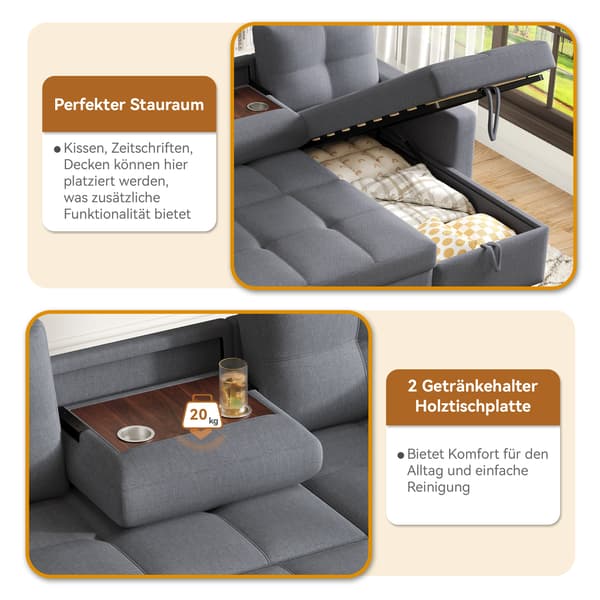 SONNENH Moderne L- Sofa, modulær sovesofa, forlænges sovesofa med sovende funktion, udstyret med opbevaring, pull- down kop holder, velegnet til stue