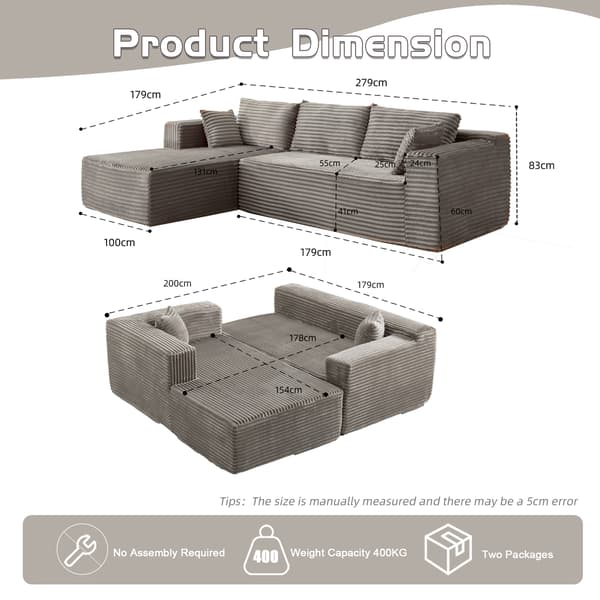 SONNENH Komprimering Sectional Couch med Comfy Chaise, Boneless L Shape Sofa med Deep Seat, Minimalist Modular Couches Sleeper för vardagsrum