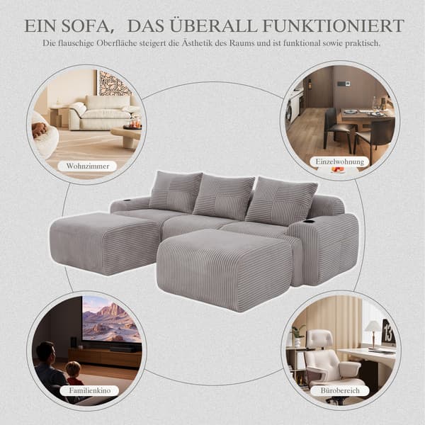 SONNENH Sofa, Fløjl, Lysegrå, 268 × 174 × 80 cm