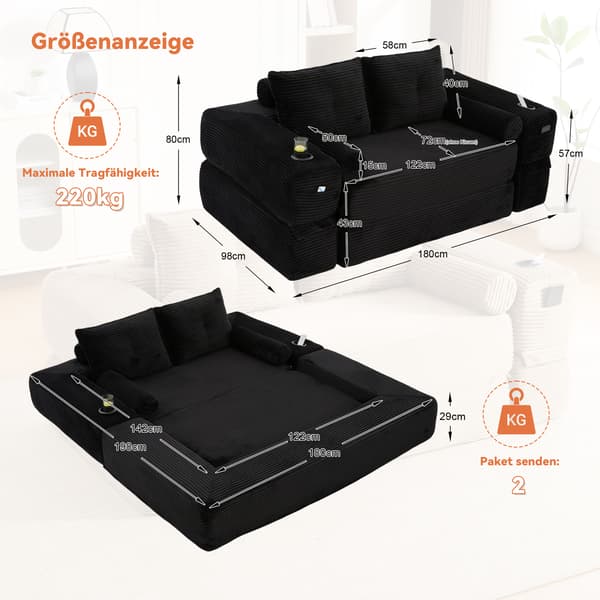 SONNENH Sofa, Fløjl, Sort, 180 × 98 × 80 cm