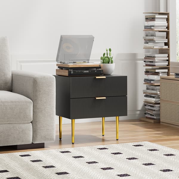 SONNENH Black Wave Pattern Bedside Table med 2 Drawers sovrumssängbord Modern sängbord med metall ben 1 bit