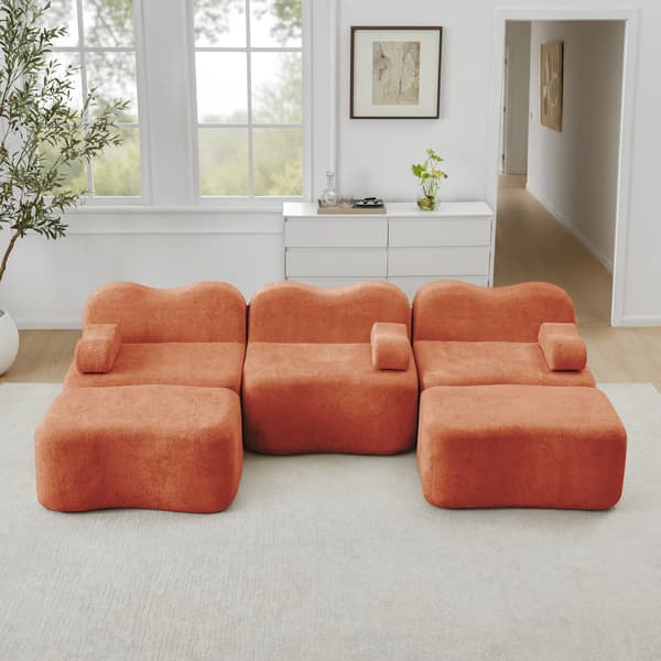 SONNENH 3 Seater U-formad Modular Boneless Sofa med 2 Ottomans, 32D High Density Foam, Wave Shape, Deep Seat, Movable Armrest Cushion