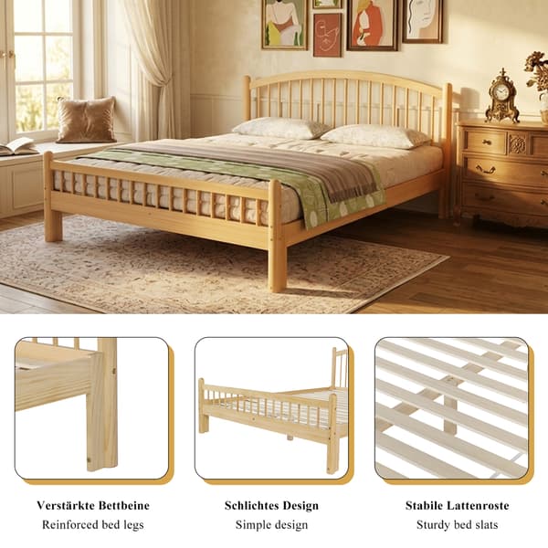 SONNENH Solid træ seng, Simple Minimalistisk Design, Classic Slatted Headboard, Sturdy Slatted Base, Universal Single Bed, Natural, 140x200cm