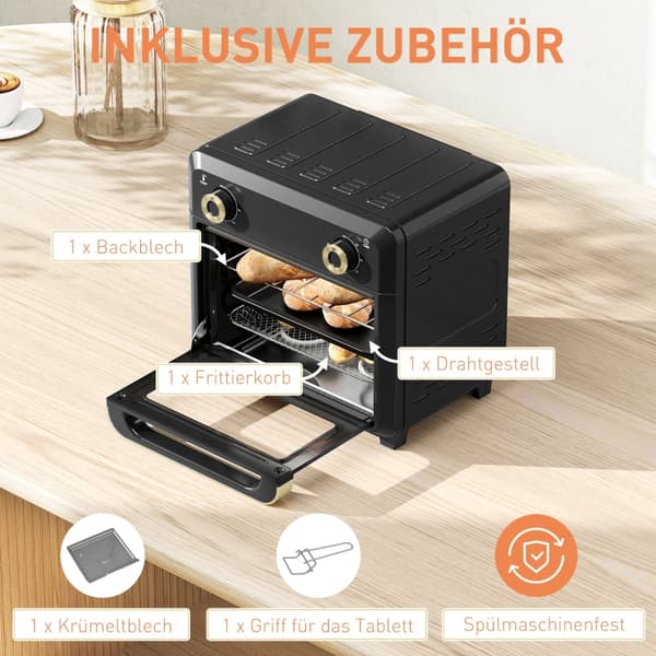 SONNENH Miniovn med varmluft, airfryer, timer, indvendig belysning, 10L, sort