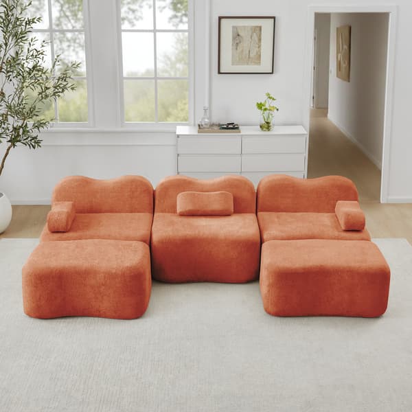 SONNENH 3 Seater U-formad Modular Boneless Sofa med 2 Ottomans, 32D High Density Foam, Wave Shape, Deep Seat, Movable Armrest Cushion