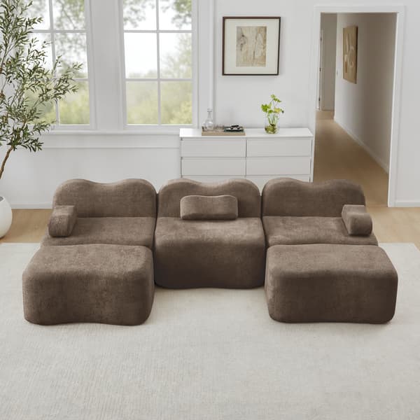 SONNENH 3 Seater U-formad Modular Boneless Sofa med 2 Ottomans, 32D High Density Foam, Wave Shape, Deep Seat, Movable Armrest Cushion
