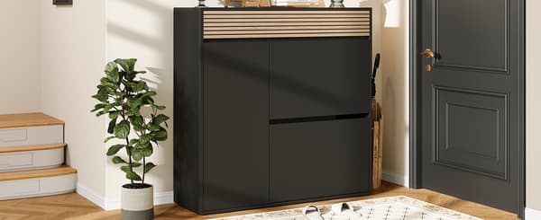 SONNENH Skoskab, MDF / Spånplade, Sort / Naturfarvet, 100 × 35 × 105 cm