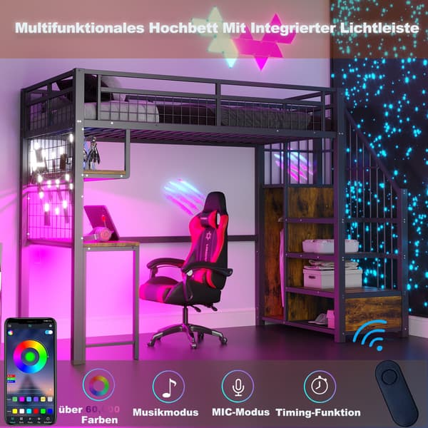 Køjeseng, 90 x 200 cm, sort, med opbevaring, med LED, med sengegavl