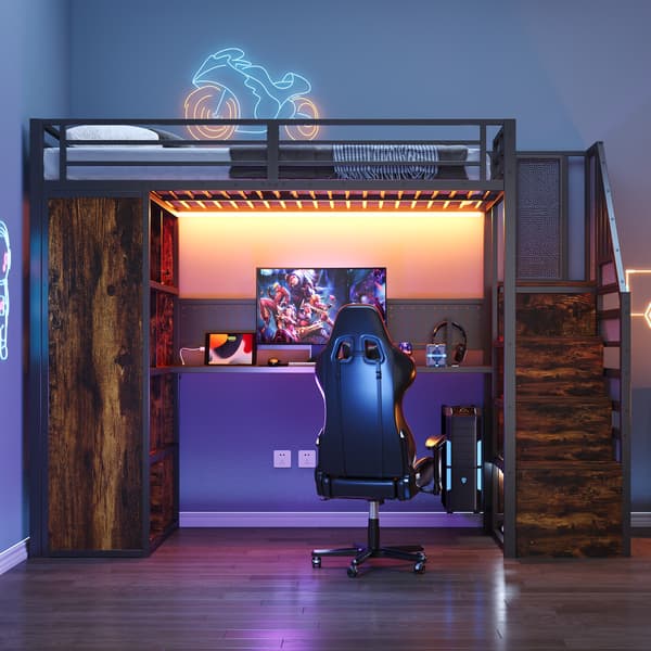 Køjeseng, 90 x 200 cm, sort, med opbevaring, med LED, med sengegavl