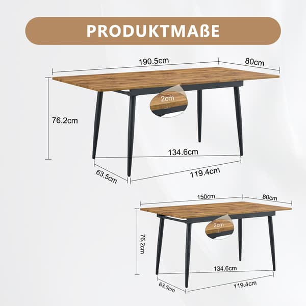 SONNENH Matbord, MDF / Metall, Träfärgad, 190,5 × 80 × 76,2 cm