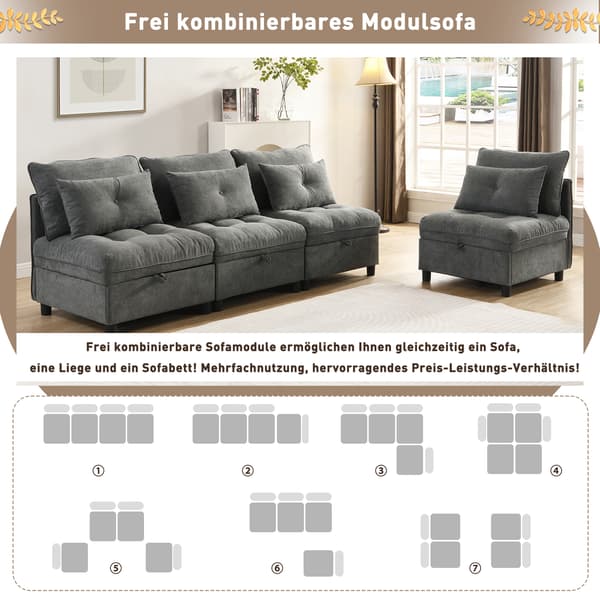 SONNENH [Cloud modulsoffa] Modulärt 4-sitsigt separerbart soffset: fritt kombinerbart + förvaring under alla sittdynor + sängfunktion +