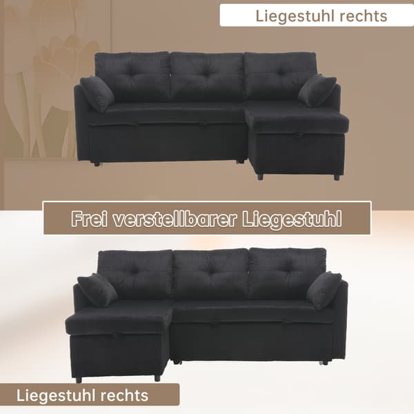 SONNENH Sovesofa, Fløjl, Sort, 206 × 108 × 66 cm