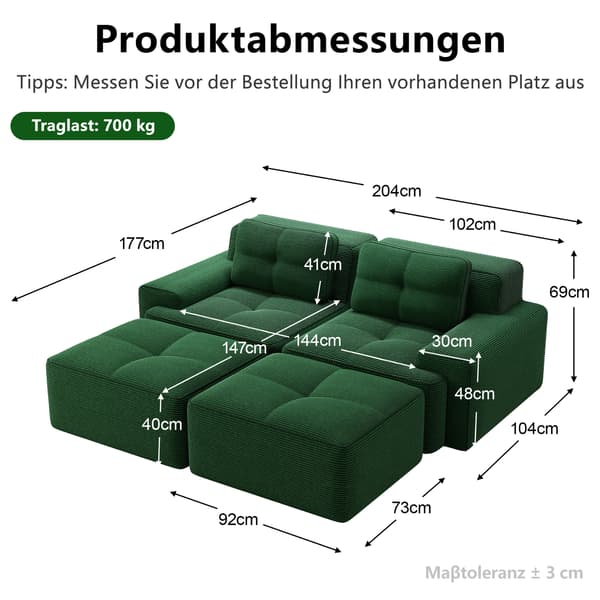 SONNENH Cloud Modular Sofa Boneless U- Shaped Sofa, Komfortabel Corduroy Cloud Sofa, Modular Sofa med Ottoman, Modular Two-Seater Sofa
