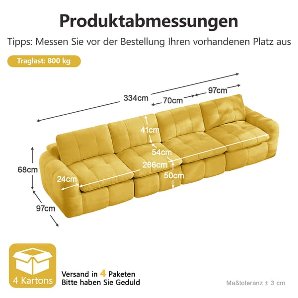 SONNENH Sofa, Chenille, Gul, 334 × 97 × 68 cm