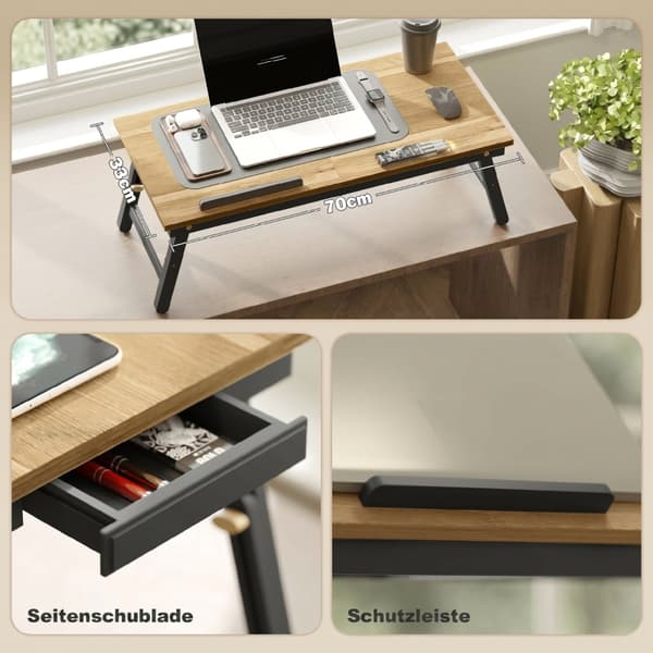 SONNENH Sengebord, bærbar computer bord, højde justerbar med skuffe, foldbar til sofa, arbejdsseng, eg