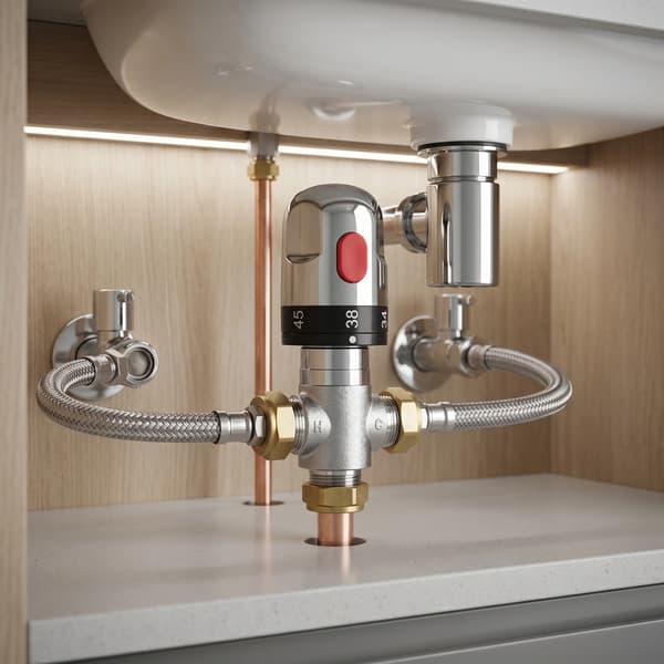 G1/2 termostatisk blandeventil i messing, 35–45 °C, til bidet, håndvask og bruser