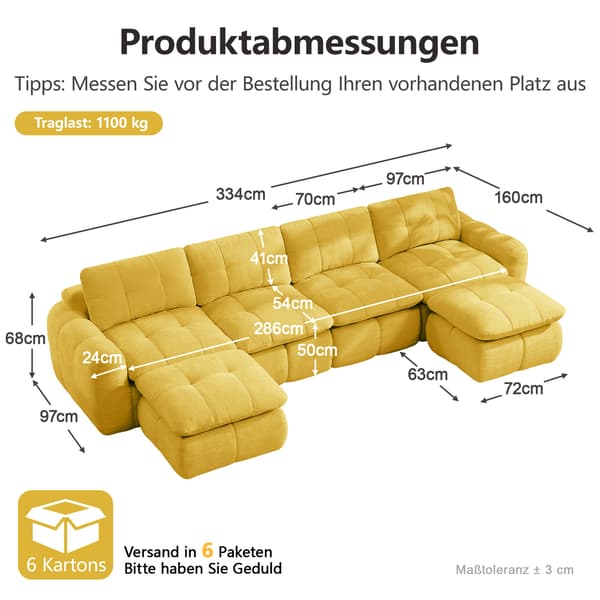 SONNENH U-formet sofa, Chenille, Gul, 334 × 160 × 68 cm