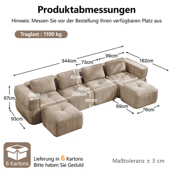 SONNENH U-formet sofa, Polyester, Sandfarvet, 344 × 162 × 67 cm