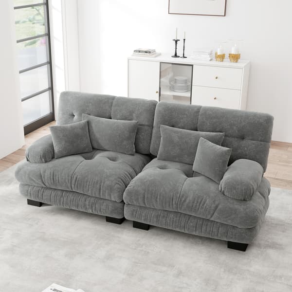 SONNENH Cloud hörn soffa för vardagsrum, chenille dubbel soffa med 2 lumbar kuddar och 2 dekorativa kuddar, solid trä ram, chenille grå
