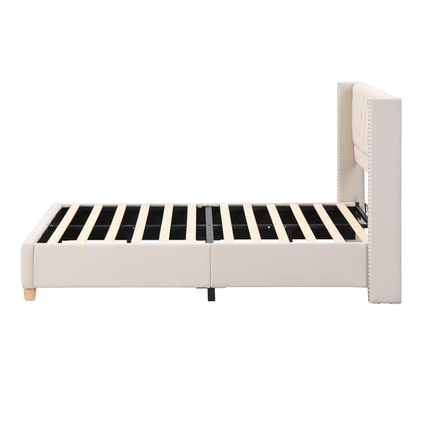 Stoppad sängram, beige, med sänggavel