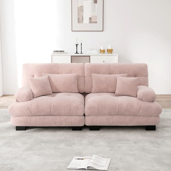 SONNENH Cloud hörn soffa för vardagsrum, chenille dubbel soffa med 2 lumbar kuddar och 2 dekorativa kuddar, solid trä ram, chenille rosa