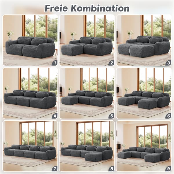 SONNENH Boneless Cloud Sofas, Soft Fluffy Plush Fabric, Modular Sofa Bed med 3 Ottomans, 3 Seater Sofas, Bekväm soffa för vardagsrum, grå