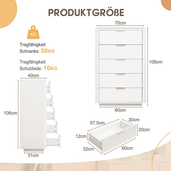 SONNENH Kommode, MDF, Hvid, 70 × 40 × 108 cm