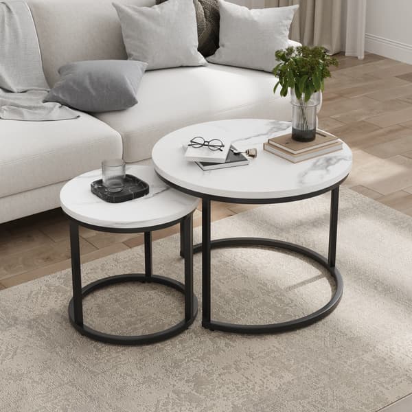 SONNENH White Nested Coffee Table 2-Piece Set, 60cm Metal Frame Round Coffee Table, Modern Coffee Table 2-Piece Set, Lämplig för vardagsrum, sovrum