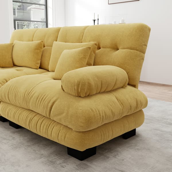 SONNENH Cloud Corner Sofa til stue, Chenille Double Sofa med 2 Lumbar Cushions og 2 Dekorative Cushions, Solid træ ramme, Gul