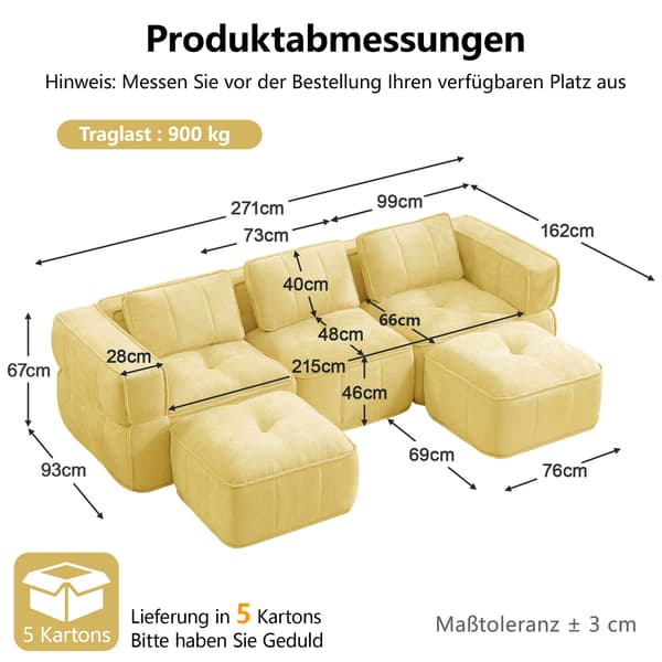 SONNENH 3-sitssoffa, Polyester, Gul, 271 × 162 × 67 cm