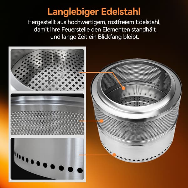 SONNENH Rökfri eldstad, vedeldad eldstad, BBQ eldstad, rostfritt stål, bärbar utomhus