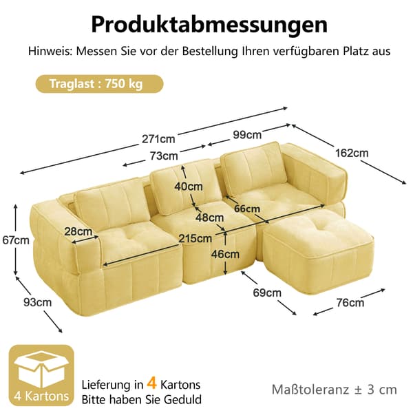 SONNENH 3-sitssoffa, Polyester, Gul, 271 × 162 × 67 cm