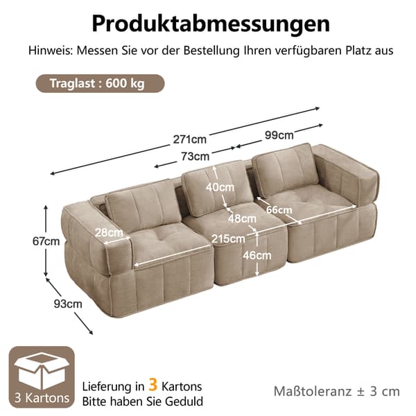 SONNENH 3-sitssoffa, Polyester, Sandfärgad, 271 × 93 × 67 cm