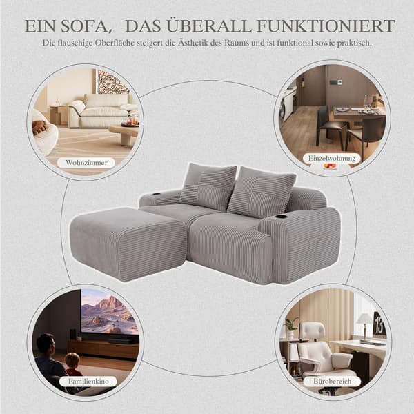 SONNENH Sofa, Fløjl, Lysegrå, 200 × 174 × 80 cm