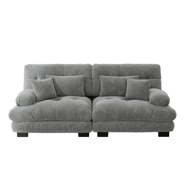 SONNENH Cloud hörn soffa för vardagsrum, chenille dubbel soffa med 2 lumbar kuddar och 2 dekorativa kuddar, solid trä ram, chenille grå